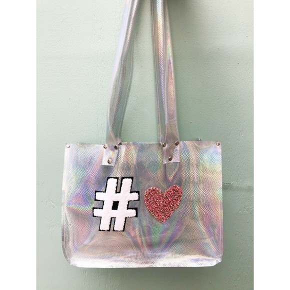 Holographic Clear Tote | Hashtag Heart Appliqué Iridescent Bag - Picture 2 of 7
